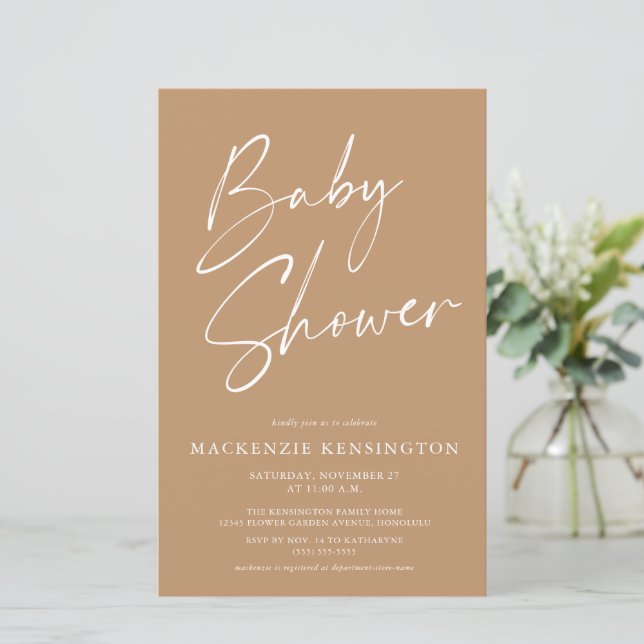 Papier Baby Shower Minimaliste Tons Terre Budget Script (Debout devant)