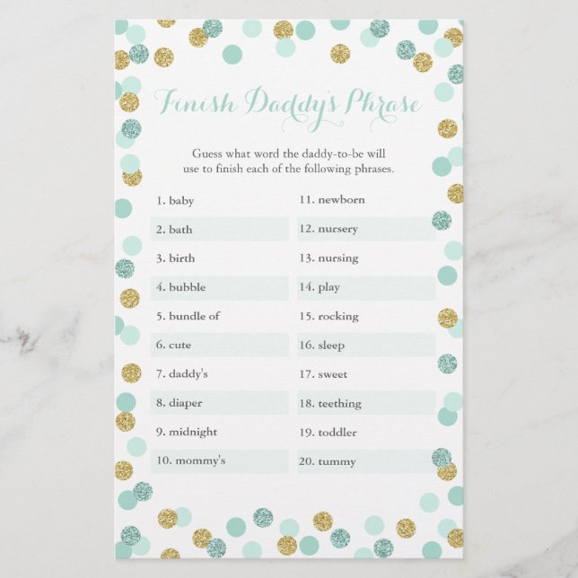Papier Baby shower Mint & Or Finish Daddy's Phrase Game (Devant)