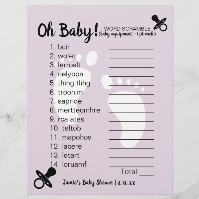 Papier Baby shower Mot Scramble Violet (Devant)