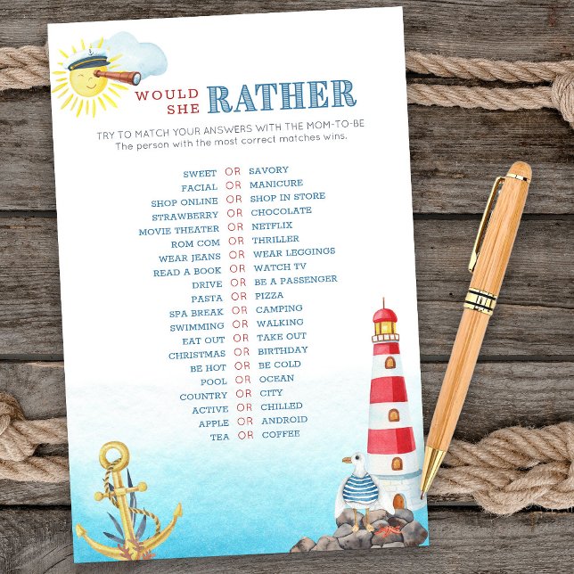 Papier Baby shower Nautique Préférerait-Elle Jouer (Would she rather game card from my Ahoy it's a boy Nautical Baby Shower collection)