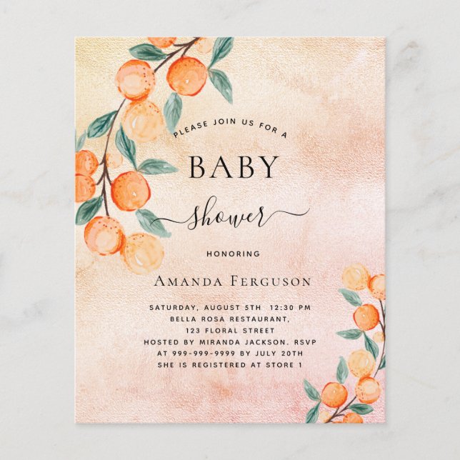 Papier Baby shower oranges rose or invitation (Devant)