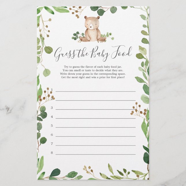 Papier Baby shower Ours Devinez La Nourriture Bébé (Devant)