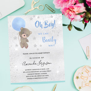 Papier Baby shower ours en peluche garçon argent bleu inv