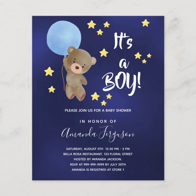 Papier Baby shower ours en peluche garçon bleu invitation (Devant)