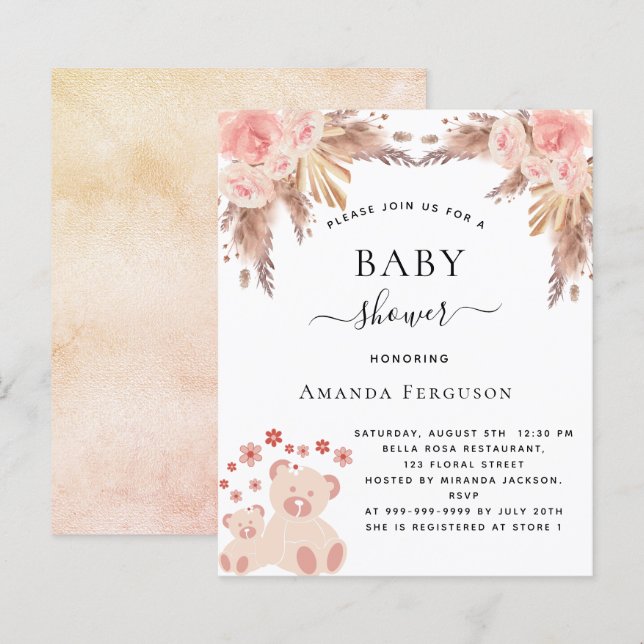 Papier Baby shower pampas herbe pelouse ours invitation (Devant / Derrière)