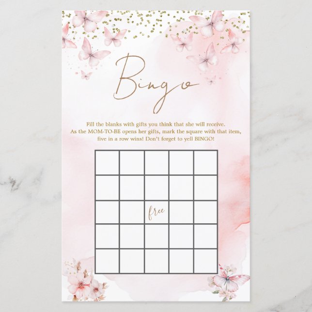 Papier Baby shower papillon rose Fille Bingo Jeu (Devant)