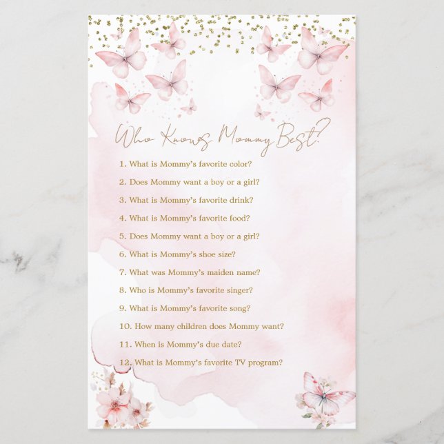 Papier Baby shower papillon rose qui connaît maman mieux (Devant)