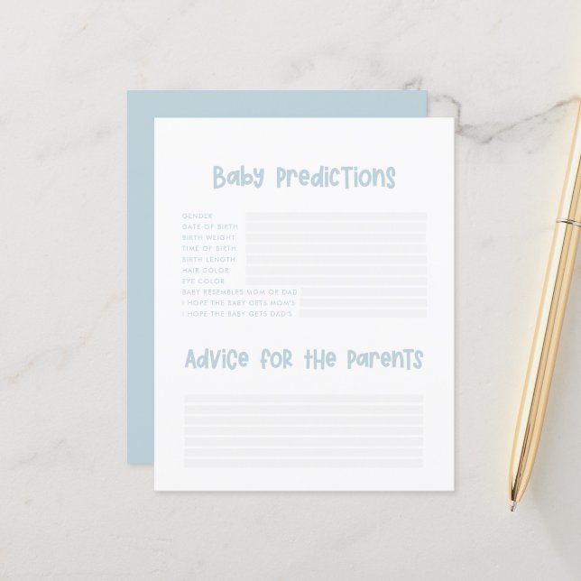 Papier Baby shower parti prédictions jeu bébé bleu (Devant/Arrière en situation)