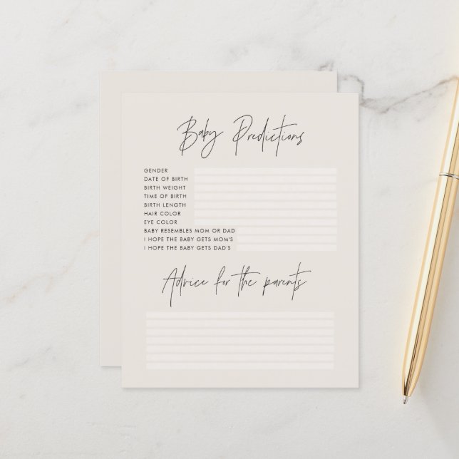 Papier Baby shower parti prédictions jeu crème design (Devant/Arrière en situation)