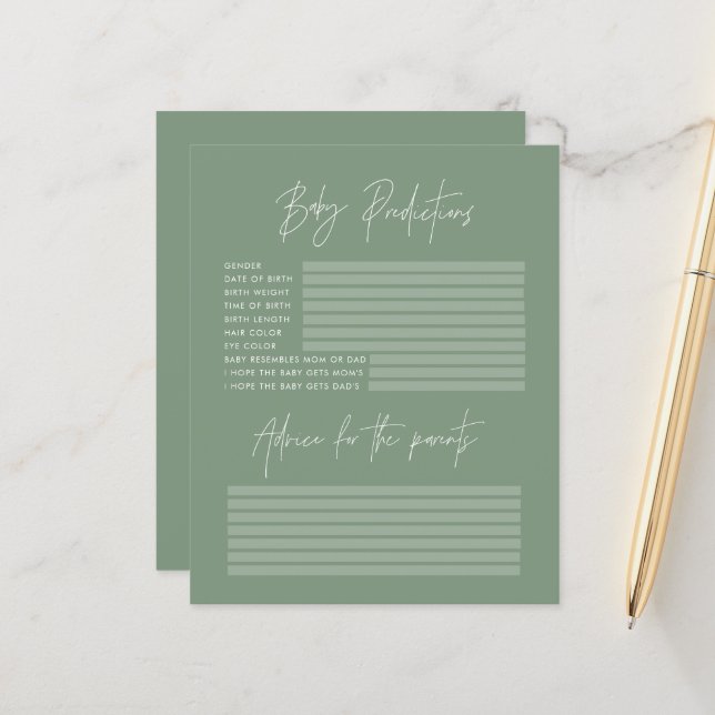 Papier Baby shower parti prédictions jeu sage vert (Devant/Arrière en situation)