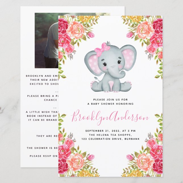 Papier BABY SHOWER photo de fille éléphante BUDGET Invita (Devant / Derrière)