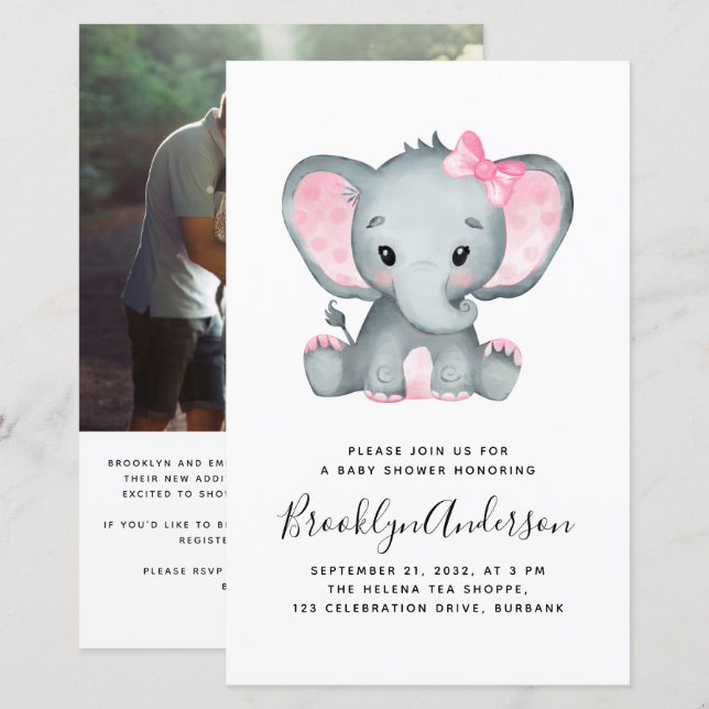 Papier BABY SHOWER photo de fille éléphante BUDGET Invita (Devant / Derrière)