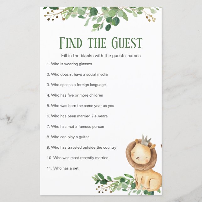 Papier Baby shower Prince Lion de verdure Trouvez l'invit (Devant)