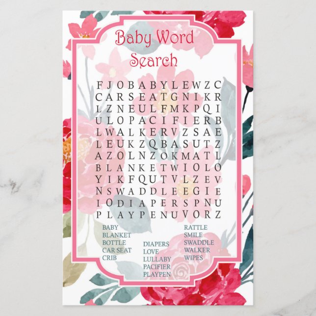 Papier Baby shower rose aquarelle Word Search Jeu (Devant)