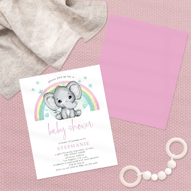 Papier Baby shower rose arc-en-ciel éléphant budget Invit (Créateur téléchargé)