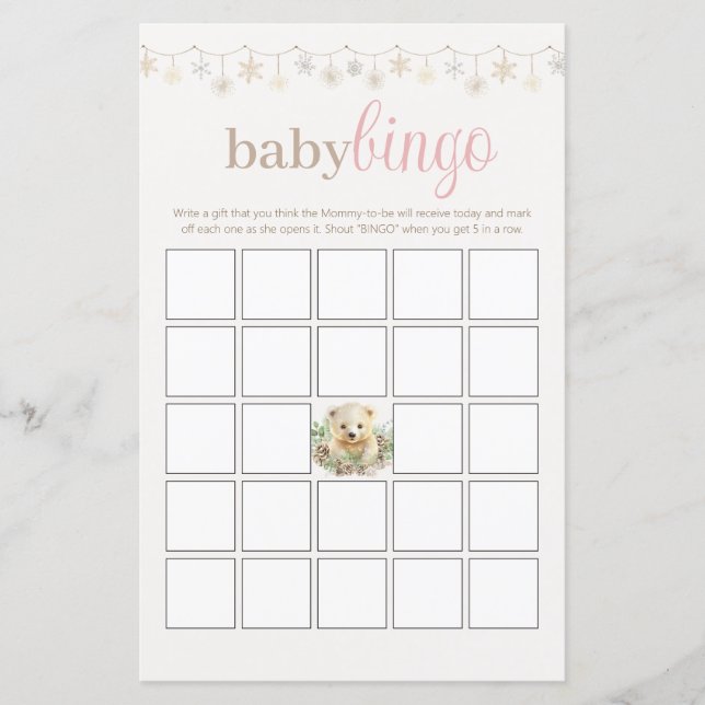 Papier Baby shower rose Bingo Partie Jeu Boho Hiver Ours (Devant)