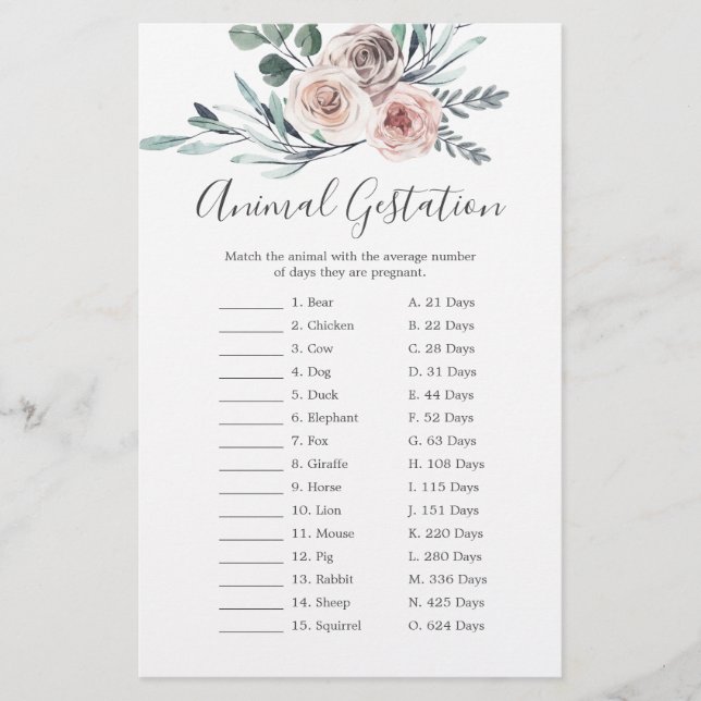 Papier Baby shower Rose Boho Animal Gestation Jeu (Devant)