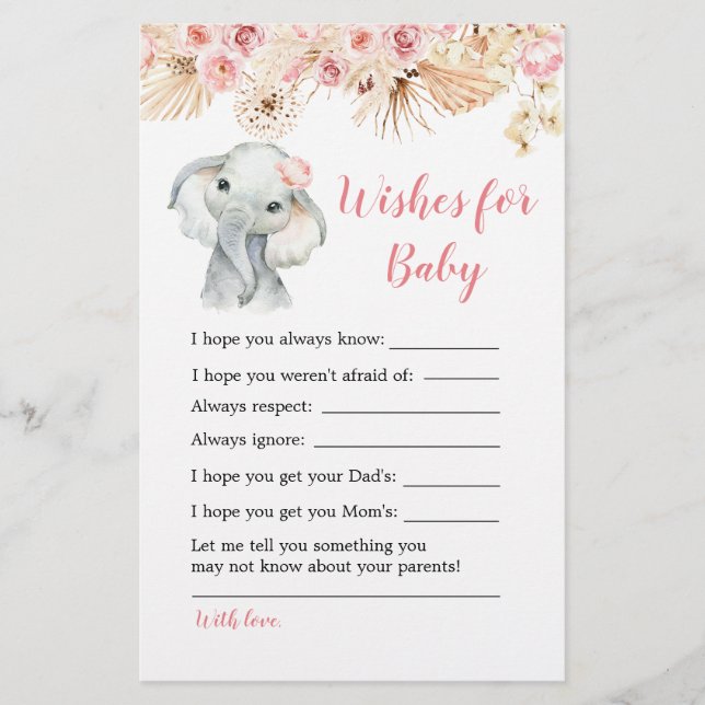 Papier Baby shower rose Boho Elephant souhaits pour bébé (Devant)