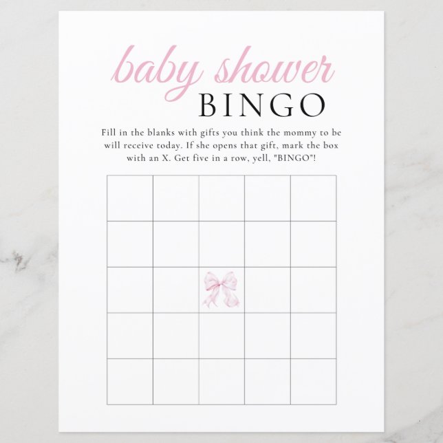 Papier Baby shower rose Bow Jeu BINGO (Devant)