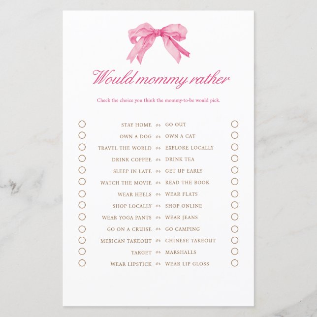 Papier Baby shower Rose Bow Pourrait Maman Plutôt Jeu (Devant)