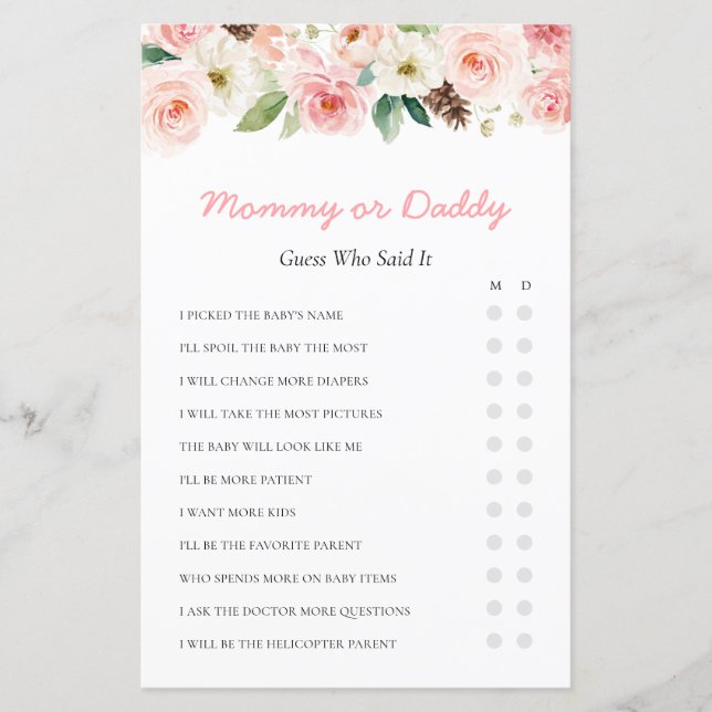 Papier Baby shower rose floral maman ou papa jeu (Devant)