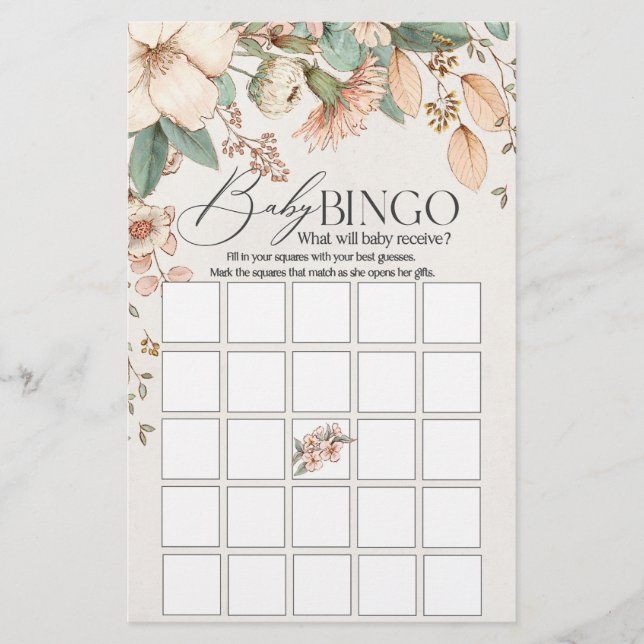 Papier baby shower rose floral roux bébé jeu de bingo (Devant)