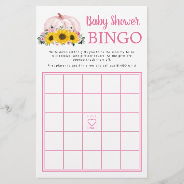 Papier Baby shower rose tournesol citrouille Jeu de Bingo (Devant)