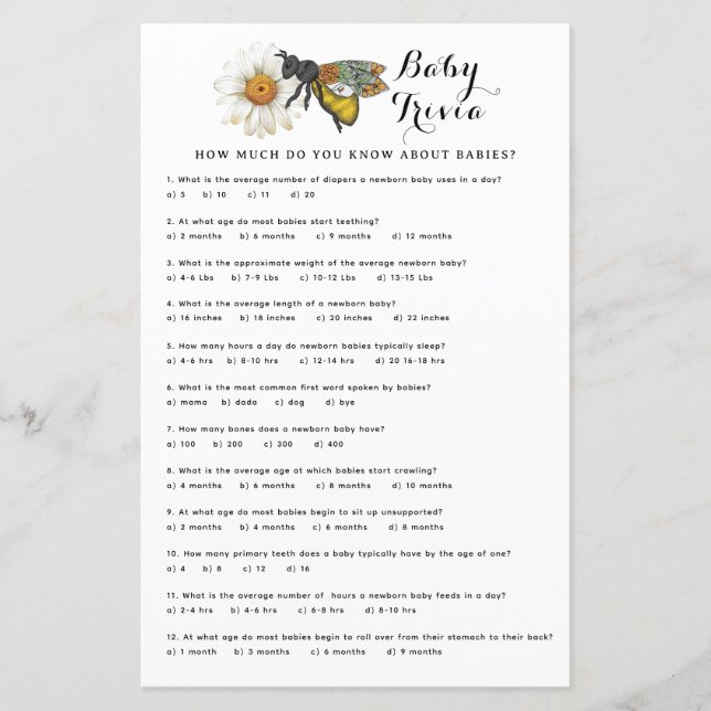 Papier Baby shower Trivia Jeu | Miel Bee Them Baby Sh (Devant)