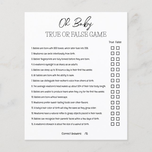 Papier Baby Shower True or False Game (Devant)