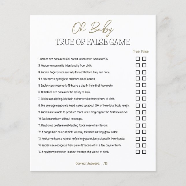 Papier Baby Shower True or False Game (Devant)