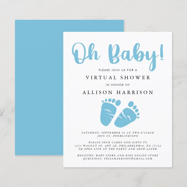 Papier Baby shower virtuel Budget Pieds bleus Invitation (Devant / Derrière)