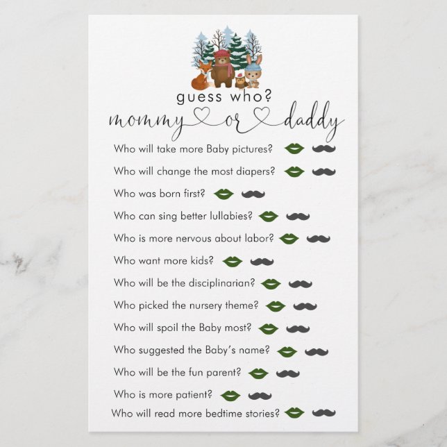 Papier Baby shower Woodland d'hiver Devinez Qui Joue (Devant)
