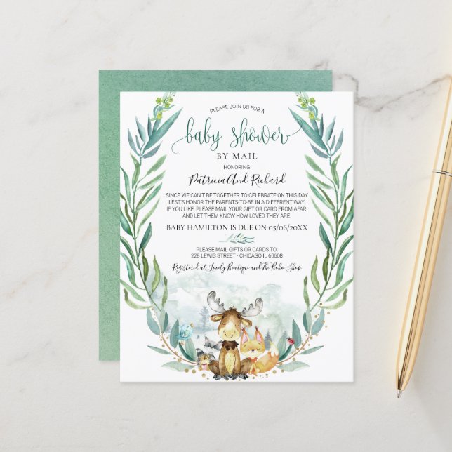 Papier Baby shower Woodland Par Courrier Budget Invitatio (Devant/Arrière en situation)