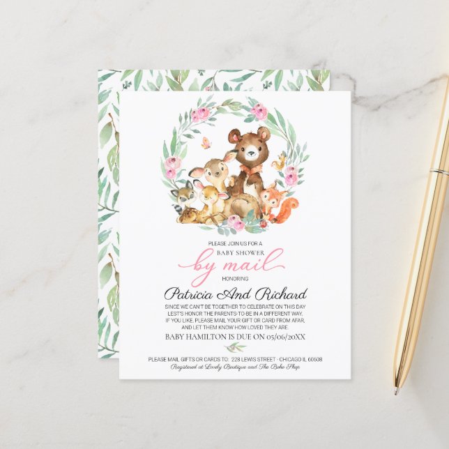 Papier Baby shower Woodland Par Courrier Budget Invitatio (Devant/Arrière en situation)