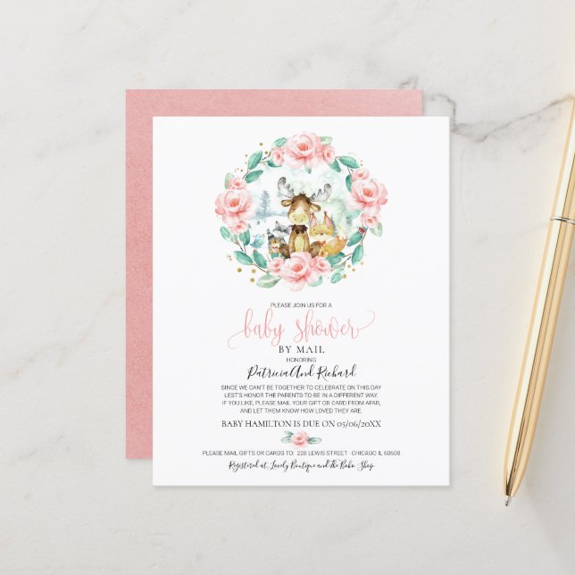 Papier Baby shower Woodland Par Courrier Budget Invitatio (Devant/Arrière en situation)