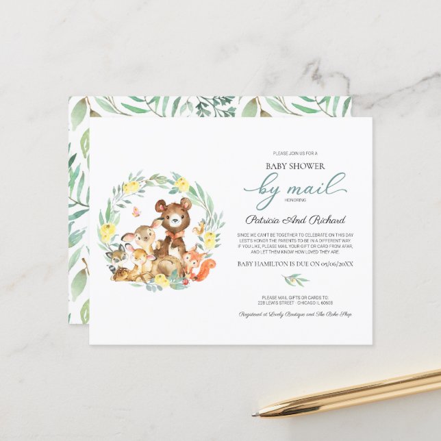 Papier Baby shower Woodland Par Courrier Budget Invitatio (Devant/Arrière en situation)