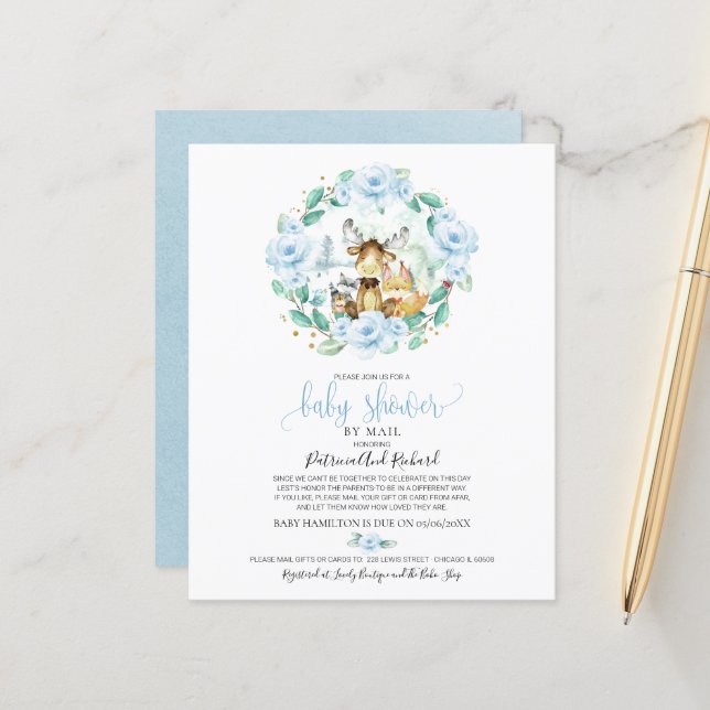 Papier Baby shower Woodland Par Courrier Budget Invitatio (Devant/Arrière en situation)