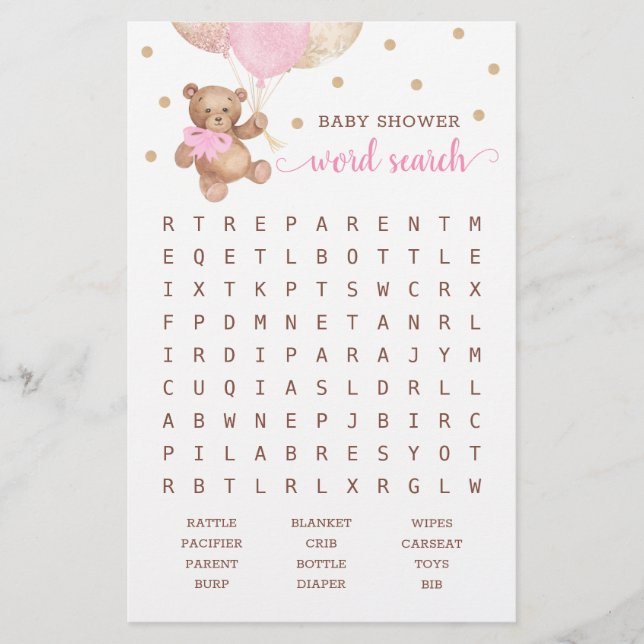 Papier Baby shower Word Recherche Jeu Teddy Bear rose (Devant)