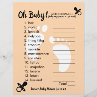 Papier Baby shower Word Scramble Peach