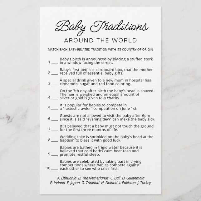 Papier Baby Traditions jeu Baby shower partie (Devant)