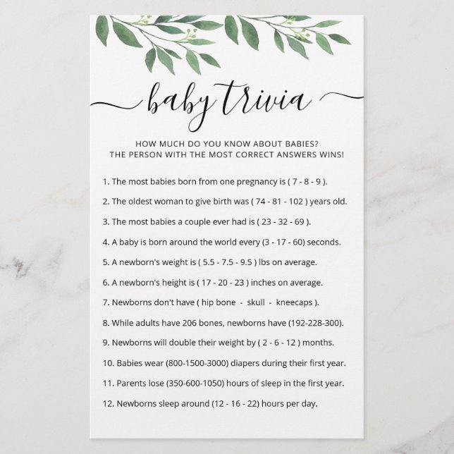 Papier Baby Trivia Jeu avec réponses Baby shower partie (Devant)