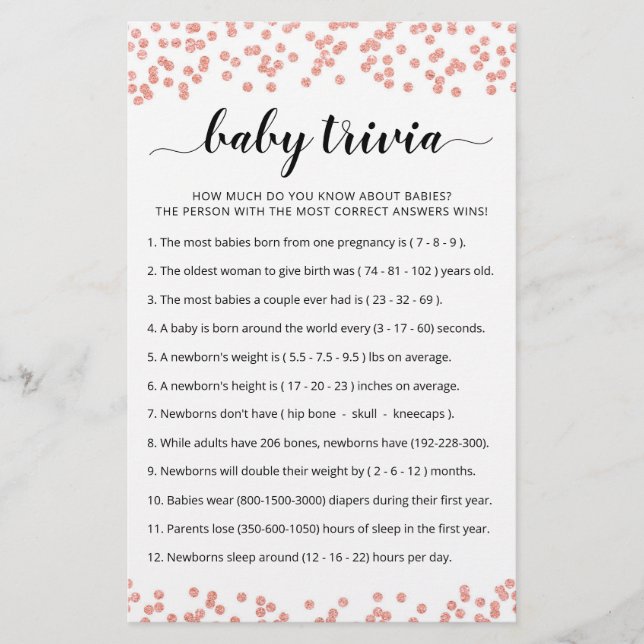 Papier Baby Trivia Jeu avec réponses Baby shower partie (Devant)