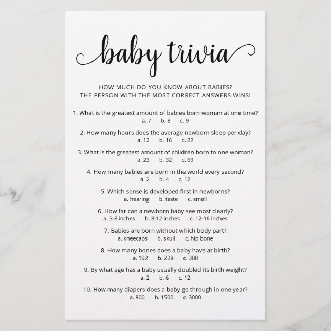 Papier Baby Trivia Jeu avec réponses Baby shower partie (Devant)