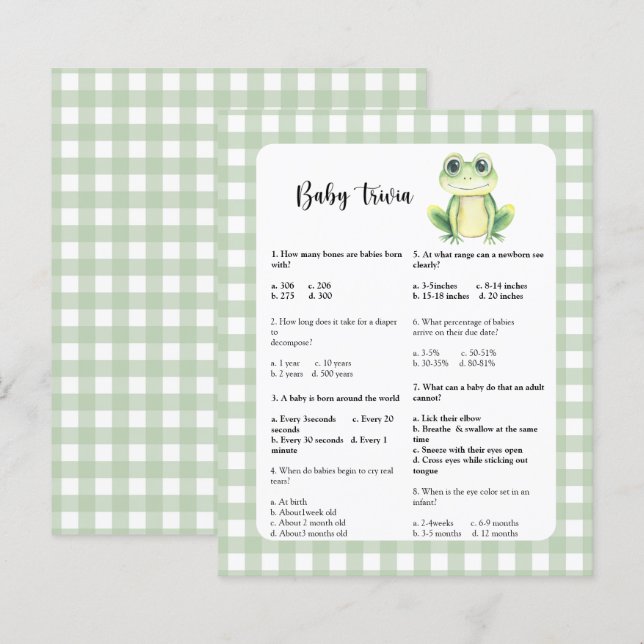 Papier Baby Trivia jeu | Baby shower de grenouille (Devant / Derrière)