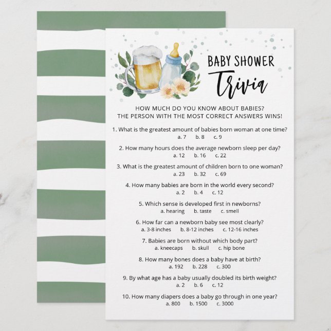 Papier Baby Trivia Jeu de verdure Baby Is Brewing party (Devant / Derrière)