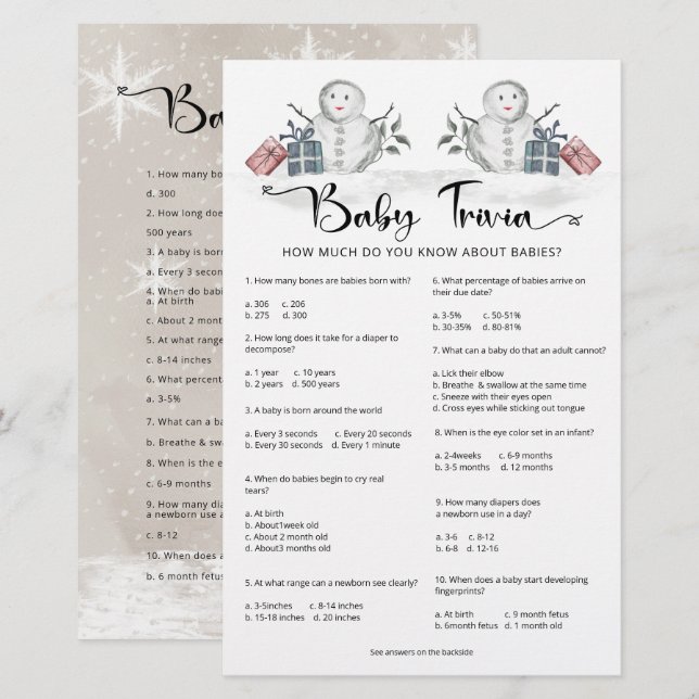 Papier Baby Trivia Snowman Baby shower (Devant / Derrière)