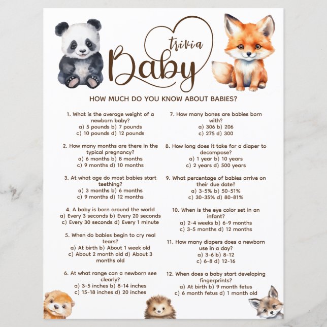 Papier Baby Trivia Woodland Animaux Baby shower Jeu (Devant)