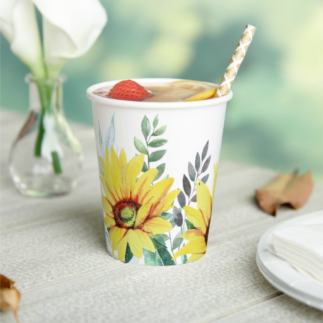 Papier Babyduschtasse mit Aquarell-Sonnenblumen. Pappbecher (In Situ)