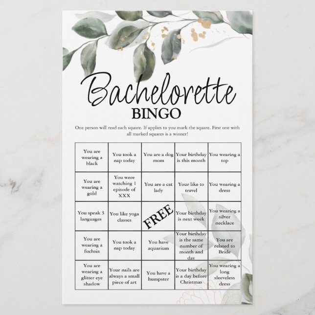 Papier Bachelorette Bingo vert jeu nuptiale (Devant)