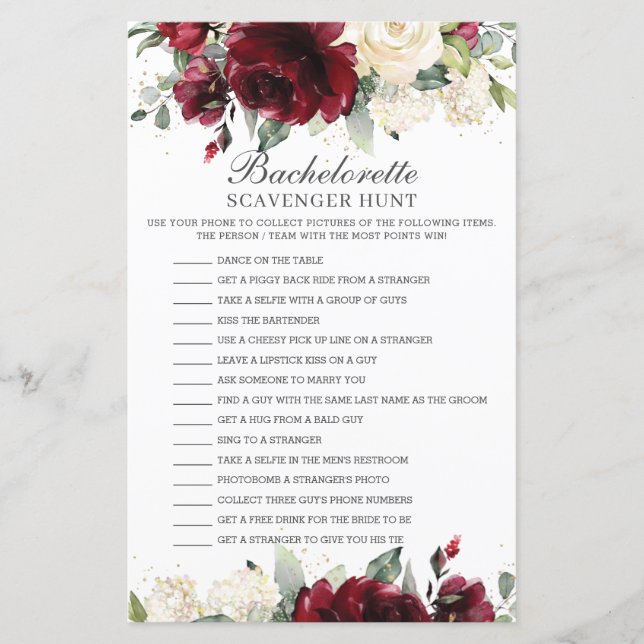 Papier Bachelorette Florale Bourgogne Jeu de chasse au tr (Devant)